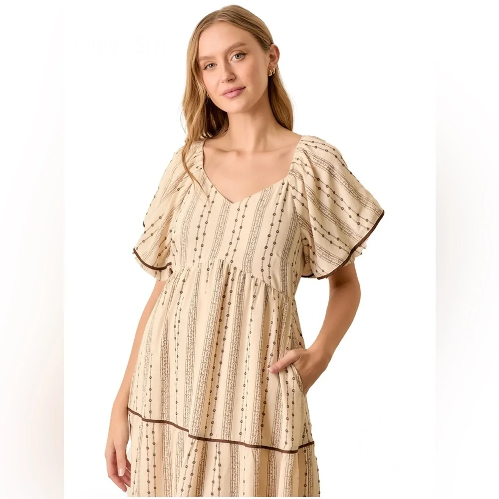 NEW Polagram Brown Lace Floral Tiered Maxi Dress - Picture 2 of 8